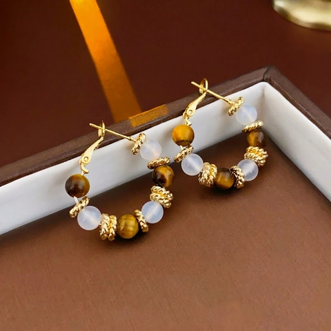 Vintage Round Tiger Eye And Artificial Cat's Eye Beaded Hoop Earrings For Women Gold Plated Copper Stud Earrings Retro Jewelry
