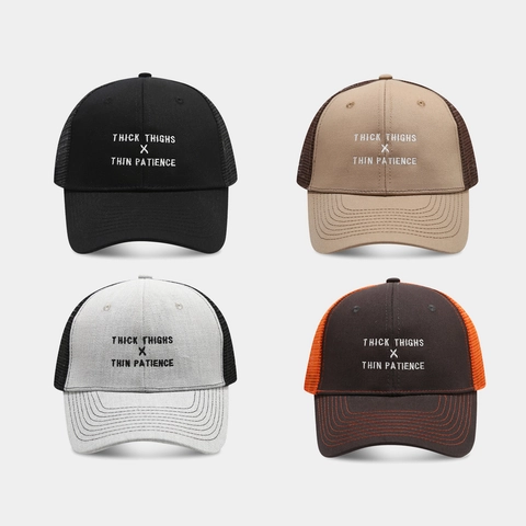 Trucker Kappe Baumwolle Mesh Atmungsaktiv Stickerei Slogan Thick Thighs Thin Patience Verstellbar Baseball
