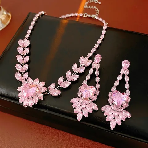 Heart Zircon Necklace And Earrings Jewelry Copper With Silver Earring Post Elegant Luxury Leaf Shape For Women