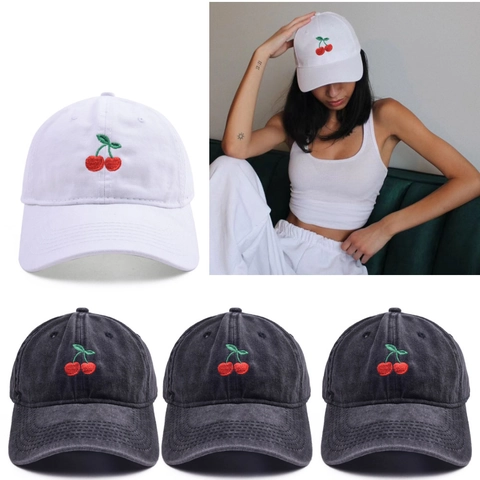 Cherry Embroidery Washed Cotton Baseball Cap Vintage Distressed Adjustable Sun Hat For Men Women Casual Outdoor
