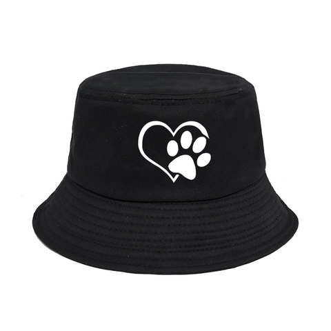 Cotton Canvas Bucket Hat With Heart Cat Paw Print Outdoor Sun Protection Casual Vintage Sun Hat For Women Men