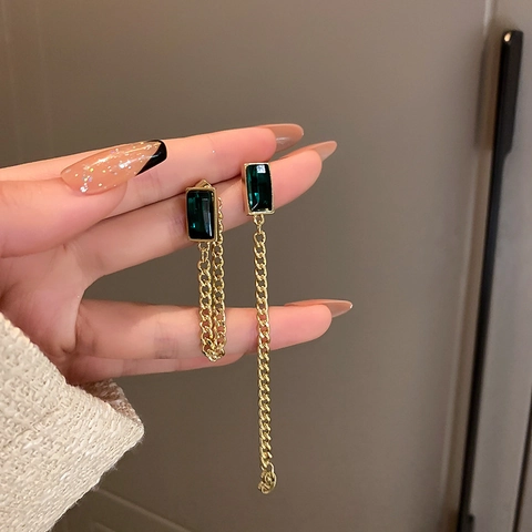 Boucles D'oreilles Pendantes Géométriques En Verre Émeraude Avec Puce En Argent Sterling 925 Longue Chaîne Style Luxe Français Pour Femmes