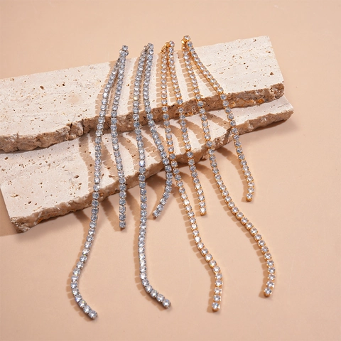 Orecchini Pendenti A Frangia Lunga Zircone Scintillante Stile Lineare Con Perno In Argento Sterling 925 Per Donna