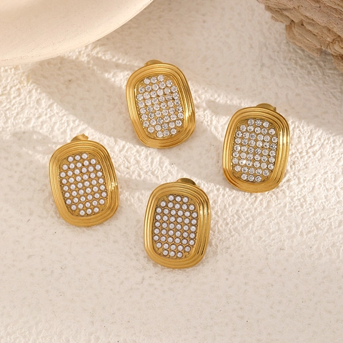 Square Oval Geometric Stud Earrings Stainless Steel With Full Rhinestones And Faux Artificial Pearls French Retro Light Luxury Jewelry Women