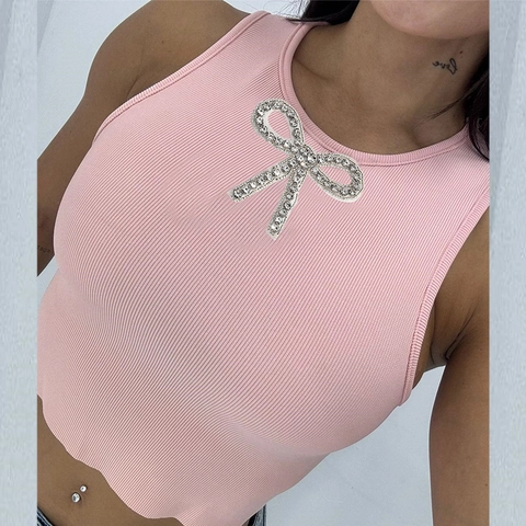 Canotta In Maglia A Costine Da Donna Fiocco Con Strass Slim Fit Crop Senza Maniche Estate Canottiera
