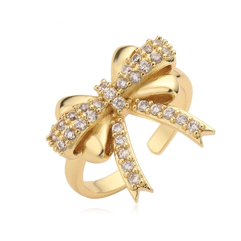 Eleganter Kupfer Schleife Zirkonia Offener Ring Für Damen Verstellbarer Mikro Pave Zirkon Fingerring Mode Schmuck Accessoire