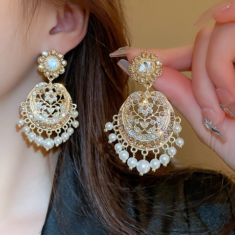 Pendientes Colgantes Redondos Huecos Estilo Palacio Vintage Con Diamantes De Imitación Perla Artificial Falsa Y Poste De Plata 925