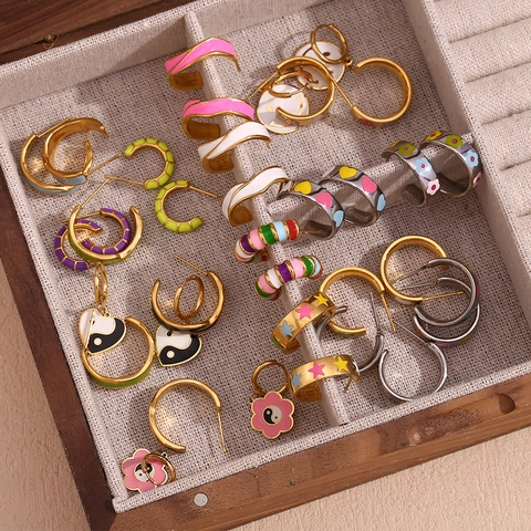Edelstahl 18K Vergoldet Bunte Emaille Tropföl Ohrringe Damen Geometrische Yin Yang Lächeln Herz C-Form Schmuck