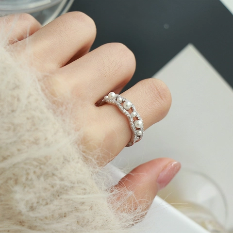 Golvende Open Ring Met Kunstparel En Zirkonia Elegante Mode Verstelbare Vinger Juwelen Voor Vrouwen