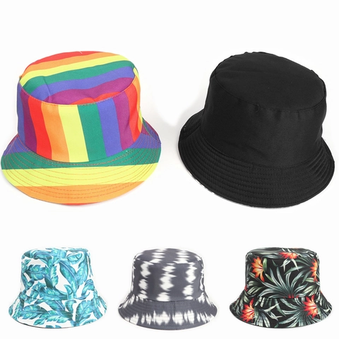 Reversible Bucket Hat For Men Women Cotton Polyester Double-Sided Wear Sun Protection Summer Rainbow Striped Floral Print
