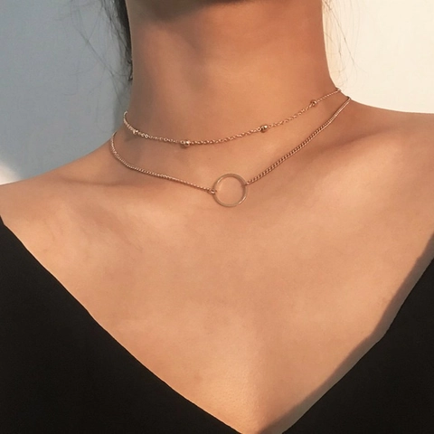 Collier Double Couche Alliage Chaîne À Billes Pendentif Cercle Géométrique Bijoux Mode Chic Minimaliste Pour Femmes