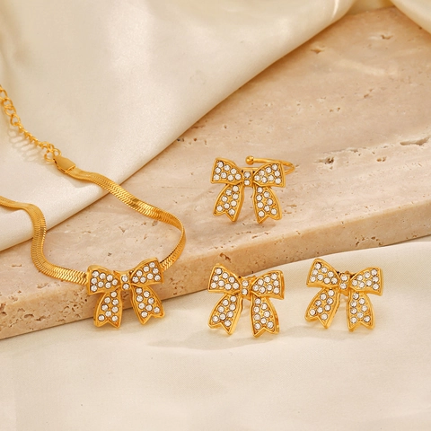 Gioielli Con Fiocco In Acciaio Inossidabile Per Donna Zircone Placcato Oro 18K Moda Elegante Regolabile