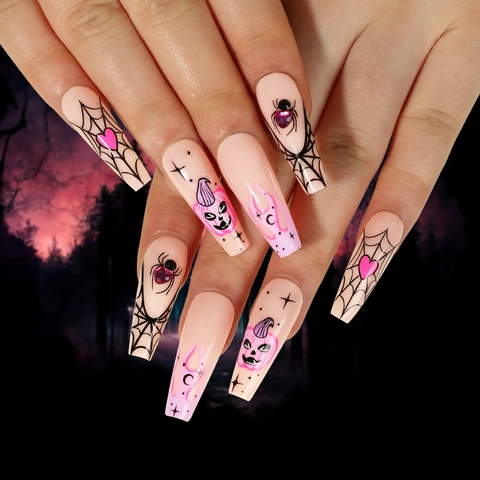 Halloween Kunstnagels Lang Coffin Roze Zwart Spinnenweb Pompoen Ontwerp Strass Valse Nagels Kunstmatige Vingernagels