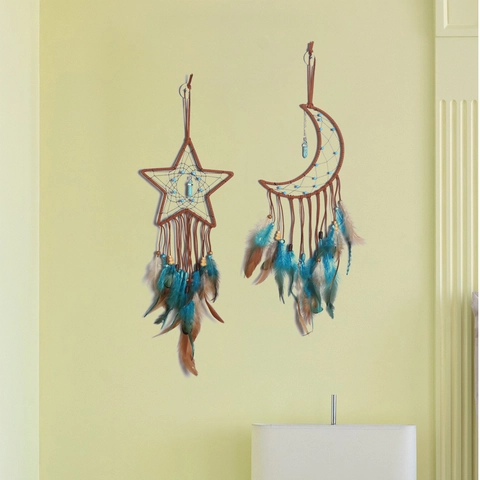 Moon Star Dreamcatcher Wall Hanging Decor With Turquoise Pendant Feather Handmade Bohemian Home Bedroom Decoration