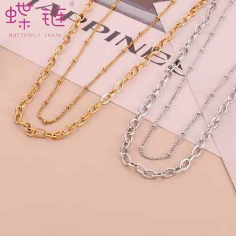 Collier Double Couche En Acier Inoxydable Femmes Collier Maillons Trombone Et Chaîne À Billes Bijoux Tendance