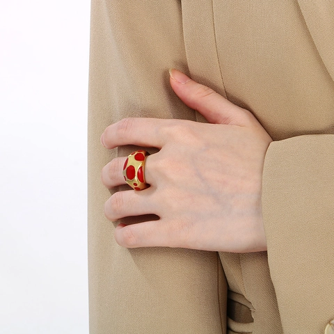 Edelstahl Chunky Ring 18K Gold Plattiert Emaille Punkt Retro Pop Art Geometrische Breite Band Schmuck Für Damen