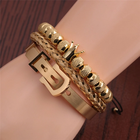 Pulsera De Cuentas Con Corona Y Brazalete Abierto Retorcido Y Pulsera De Malla Acero Inoxydable Cobre Moda Joyería Hombre