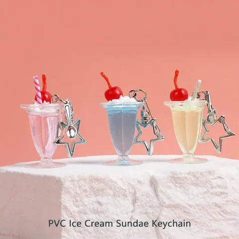 Simulation Ice Cream Cup Keychain Resin Miniature Sundae Metal Star Buckle Spoon Charm Cute Bag Pendant Key Ring Gift