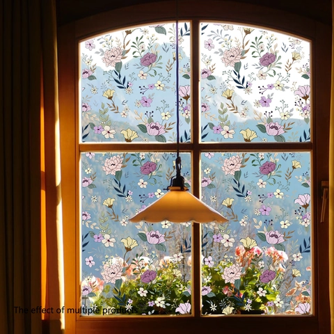 PVC Pink Purple Floral Window Film Static Cling Glass Sticker Decorative Decal For Home Office Privacy Protection No Glue