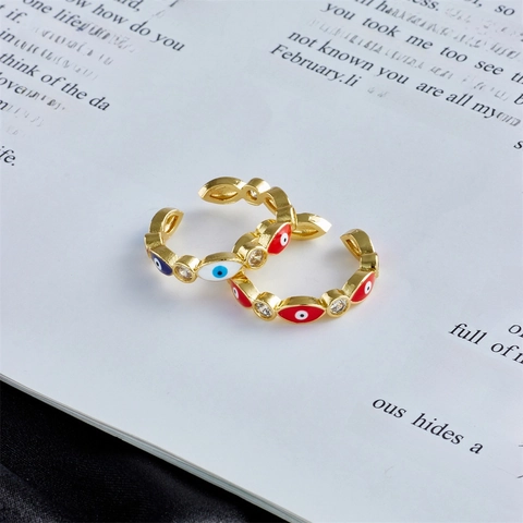 Evil Eye Verstellbarer Offener Ring Kupfer 18K Vergoldet Emaille Zirkonia Modeschmuck Für Damen