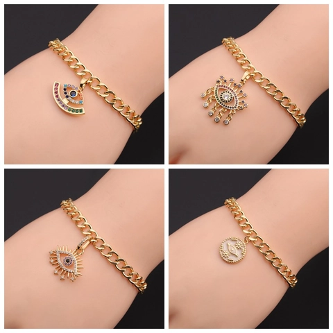Evil Eye Bracelet Gold Plated Copper Colorful Zircon Turkish Eye Cuban Chain Jewelry For Kids Girls Women Fashion