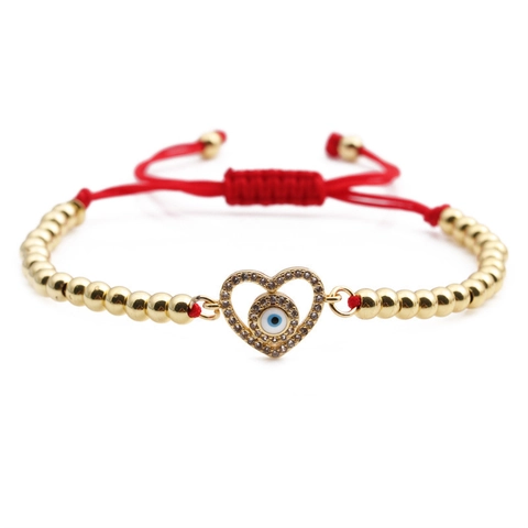 Evil Eye Herz Armband Kupfer Vergoldet Zirkonia Verstellbar Webseil Schutzschmuck Für Frauen