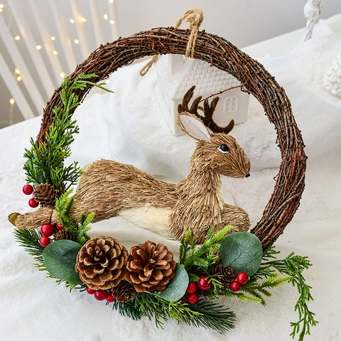 Guirnalda De Navidad Con Anillo De Ratán Piñas Bayas Y Reno Para Decoración De Puerta Colgante De Pared Estilo Nórdico