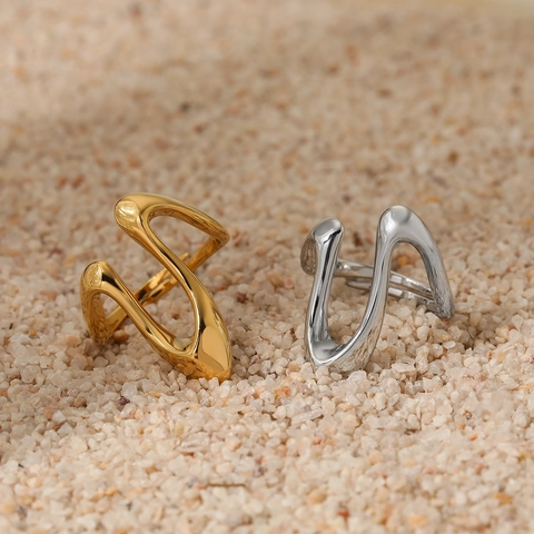 Anillo Abierto Geométrico Irregular de Acero Inoxidable para Mujer Diseño Creativo Anillo Ajustable Línea Ondulada Regalo