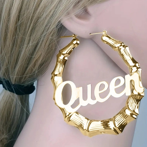 Queen Buchstabe Bambus Hoop Ohrringe Übergroße Hip Hop Metall Street Style Schmuck Für Damen