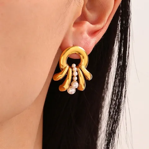 Stainless Steel Faux Artificial Pearl Fan Shape Earrings Non Tarnish Vacuum Plating Layered Minimalist Elegant Jewelry Women
