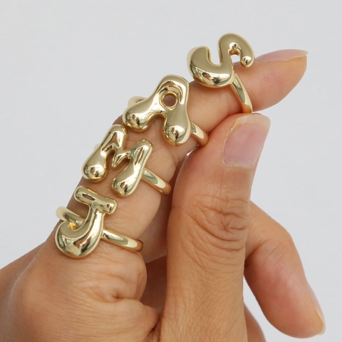 Bague Lettre Initiale Bulle Puffy Plaqué Or 18K Laiton Anneau Ouvert Réglable Bijoux Alphabet Pour Femmes
