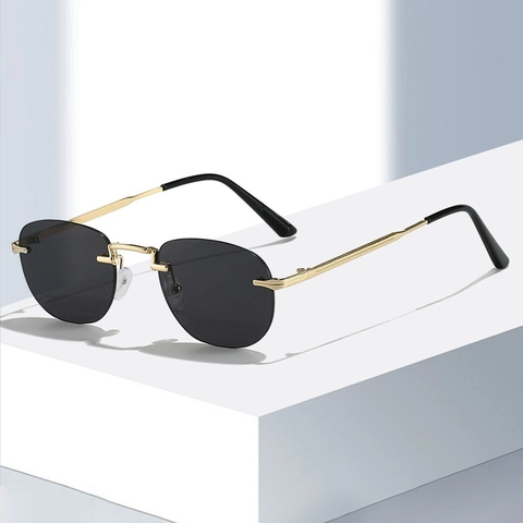 Lunettes De Soleil Sans Monture Cadre Métallique UV400 Dégradé Verres PC Mode Ovale Polygone Pour Femmes Hommes