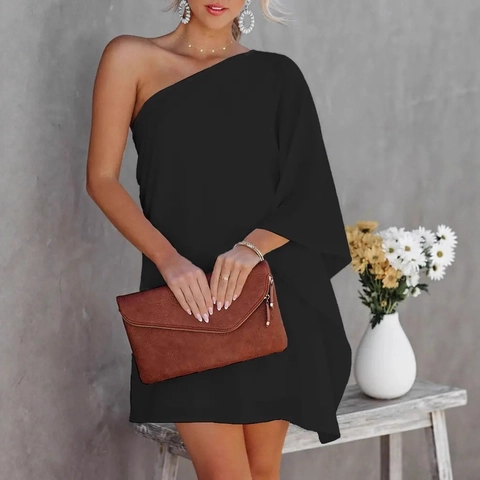 Een Schouder Lange Mouwen Asymmetrische Mini Jurk Bedrukte Casual Losse Polyester Lichtgewicht Mode Jurk