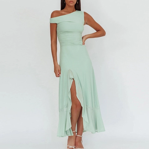 Abito Maxi Monospalla Mesh Poliestere Arricciato Spacco Alto Orlo Con Volant Elegante Sexy Vestibilità Aderente Donna