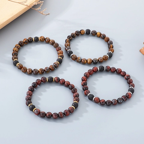 Tiger Eye Stone And Lava Rock Beaded Bracelet With Metal Spacers Handmade Elastic Natural Jewelry For Men Unisex Retro