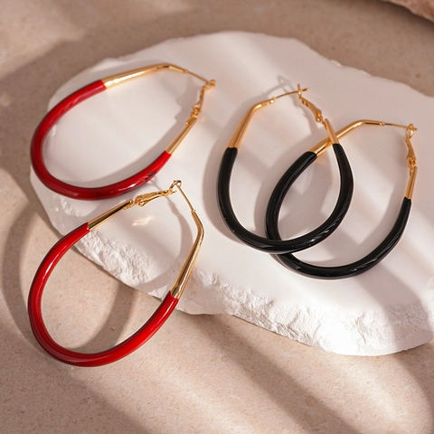 Retro Exaggerated Oval Hoop Earrings Alloy Enamel Geometric Water Drop Statement Jewelry Women With 925 Sterling Silver Earring Post