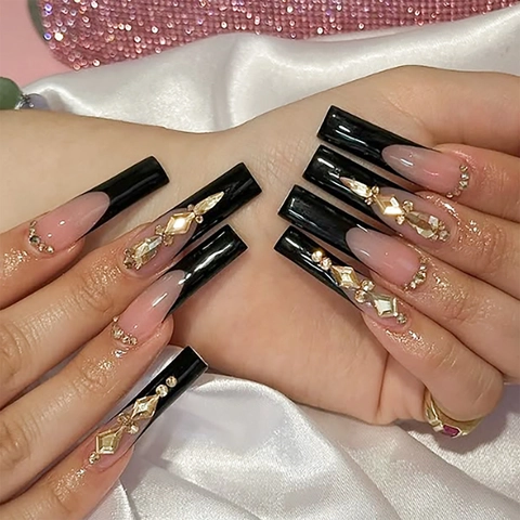 Französischer Stil Lange Coffin Press On Nails Schwarz Nude Pink Farbverlauf Strass Diamant Dekor Süße Falsche Nägel Damen