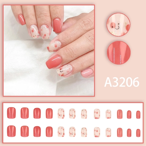Press On Nails Short Square Round Peach Pink Polka Dots Smiley Face Resin Cute Sweet Glossy Manicure