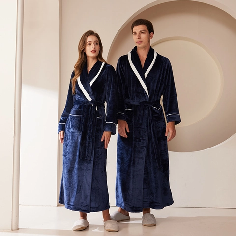 Thickened Flannel Bathrobe Long Sleeve Warm Sleepwear For Couples Shawl Collar Contrast Piping Housecoat With Pockets