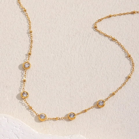 Stainless Steel 18K Gold Plated Necklace With Round Zircons Simple Fashion Bead Chain For Women