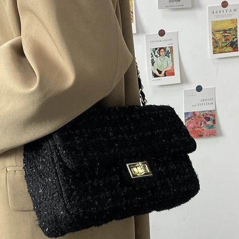 Sac Bandoulière En Tweed Rétro Avec Motif Losanges Chaîne En Métal Doré Sac À Épaule Pour Femme Usage Quotidien