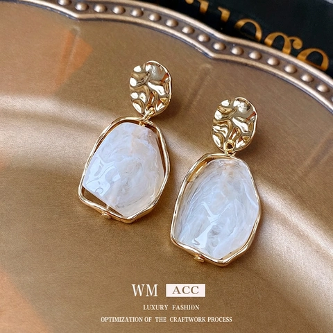 Irregular Resin Oval Drop Earrings With 925 Sterling Silver Earring Post French Retro Marble Texture Geometric Jewelry Women
