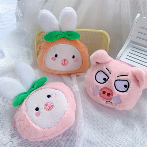 Kawaii Pluche Dieren Portemonnee Mini Cartoon Varken Konijn Opbergtas Met Sleutelhanger Voor Oortelefoons Lippenstift