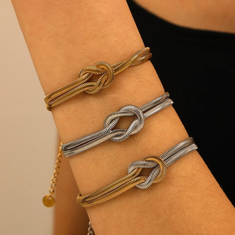 Knot Snake Chain Bracelet 18K Gold Plated Stainless Steel Double Row Adjustable Heart Knot Fashion Jewelry For Women