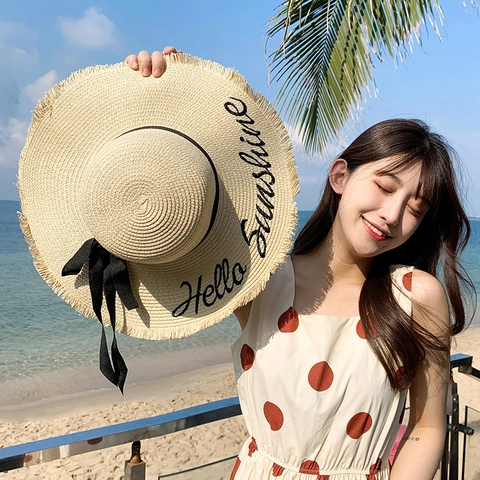 Elegant Women Wide Brim Straw Sun Hat Paper Straw With Bow Ribbon And Hello Sunshine Embroidery For Beach Vacation