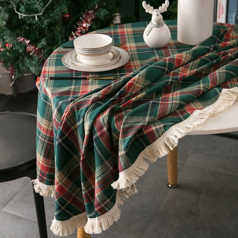 Nappe Ronde Mélange Coton Lin Motif À Carreaux Avec Franges Pompons Pour Noël Décoration De Table Fête