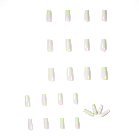 Faux Ongles Forme Cercueil Longue Plastique Brillant Motif Vagues Vert Néon Base Violette Manucure Amovible Mode Pour Femmes