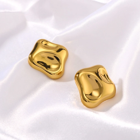 Gold Plated Stainless Steel Stud Earrings Irregular Geometric Square Shiny Liquid Metal Minimalist Jewelry For Women