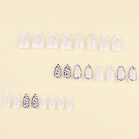 Almond Press On Nails Black White Leopard Spot Silver Glitter Wave French Style Artificial False Fingernails For Women