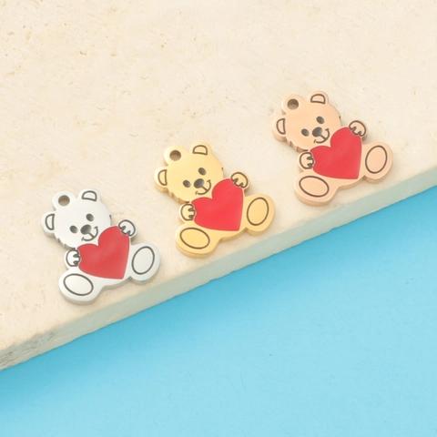 Dijes De Oso Colgantes De Acero Inoxidable Con Corazón De Esmalte Rojo Accesorios Joyería DIY Para Pulsera Collar Lindo Oso